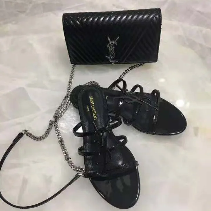 Saint Laurent YSL Cassandra Open Sandals Black Logo Patent for Women Saint Laurent YSL Cassandra Open Sandals Black Logo Patent for Women