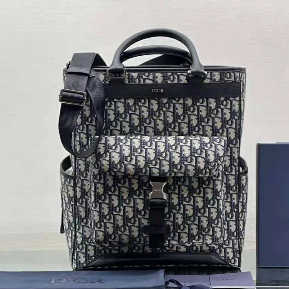 Dior Explorer Tote Bag Beige and Black Dior Oblique Jacquard and Black Grained Calfskin for Men