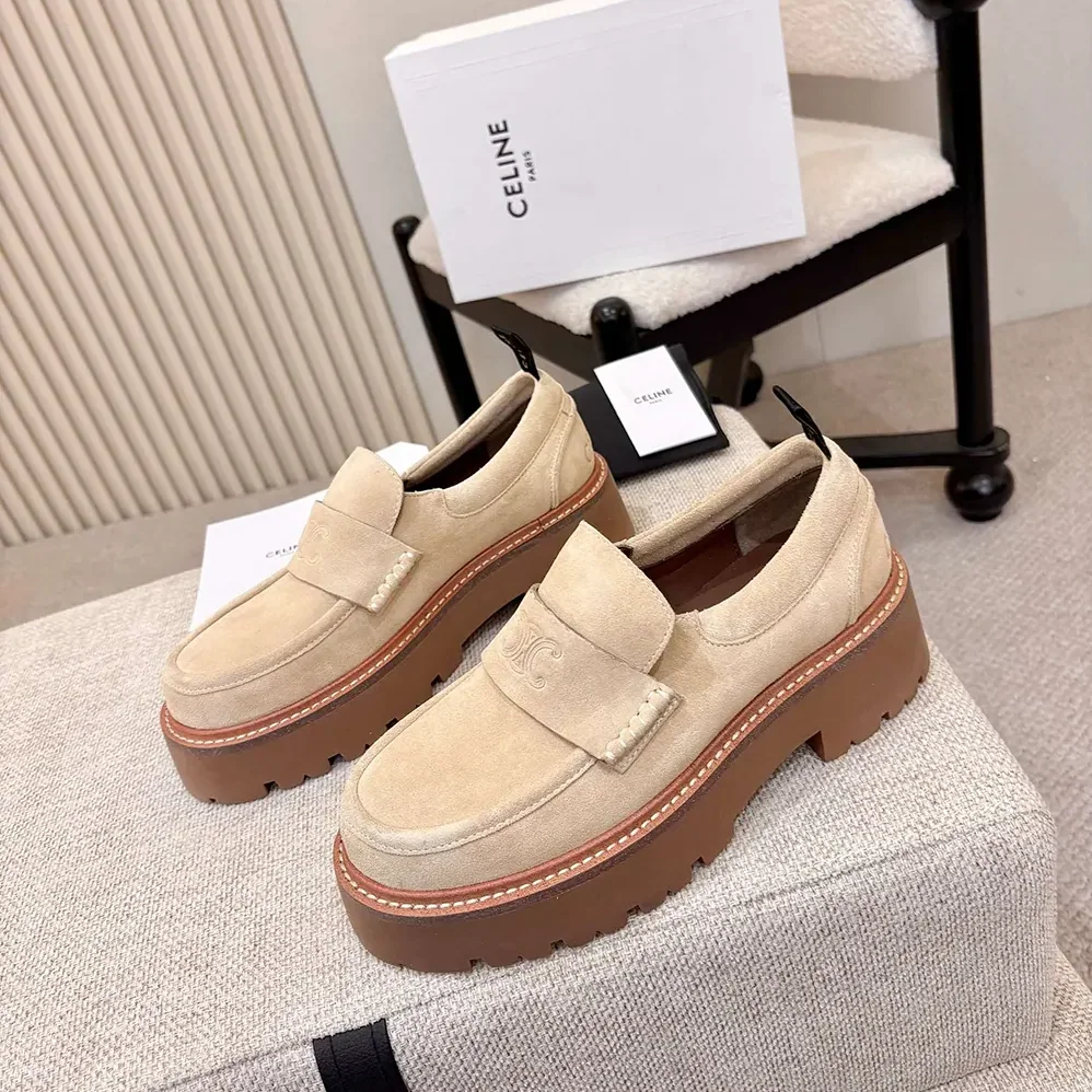 Celine Triomphe Loafers in Suede Calfskin for Women in Beige Celine Triomphe Loafers in Suede Calfskin for Women in Beige