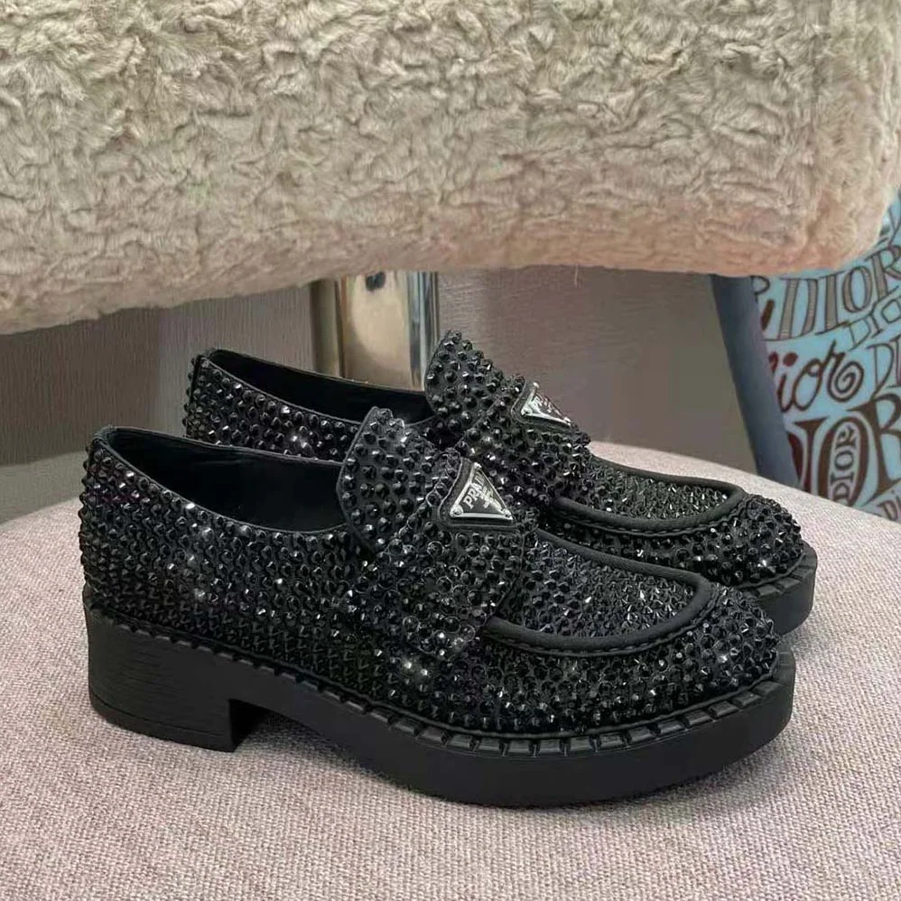 Prada Chocolate Satin Loafers with Crystals for Women in Black Prada Chocolate Satin Loafers with Crystals for Women in Black
