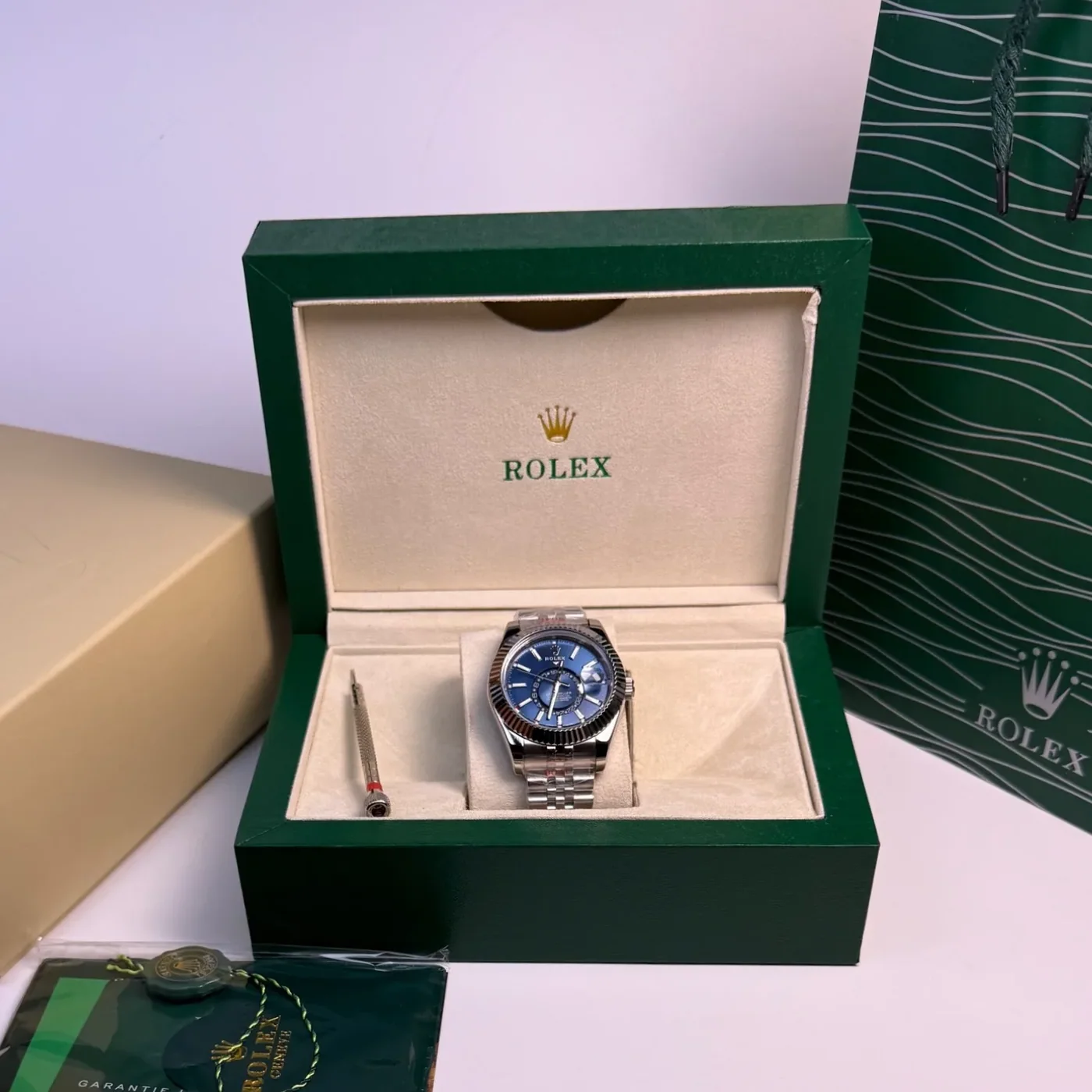 Rolex Sky Dweller Watch Silver Toned Blue Dial Rolex Sky Dweller Watch Silver Toned Blue Dial