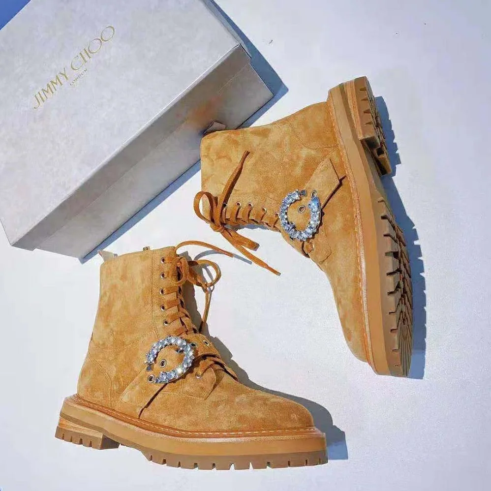 Jimmy Choo Cora Flat/Crystal Caramel Suede Combat Boots with Crystal Buckle for Women Jimmy Choo Cora Flat/Crystal Caramel Suede Combat Boots with Crystal Buckle for Women