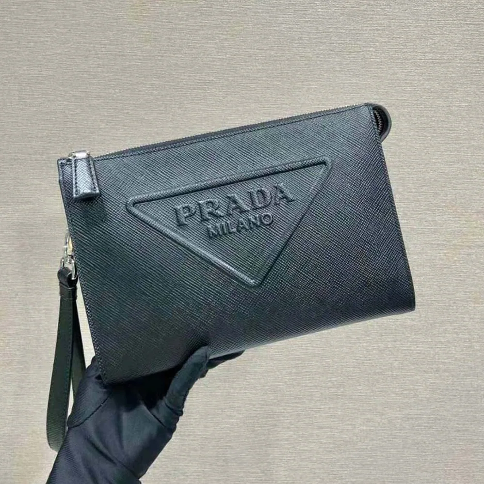 Prada Saffiano Leather Pouch for Men in Black Prada Saffiano Leather Pouch for Men in Black