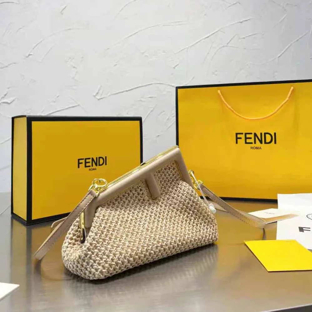 Fendi First Small Beige Raffia Macrame Bag for Women Fendi First Small Beige Raffia Macrame Bag for Women