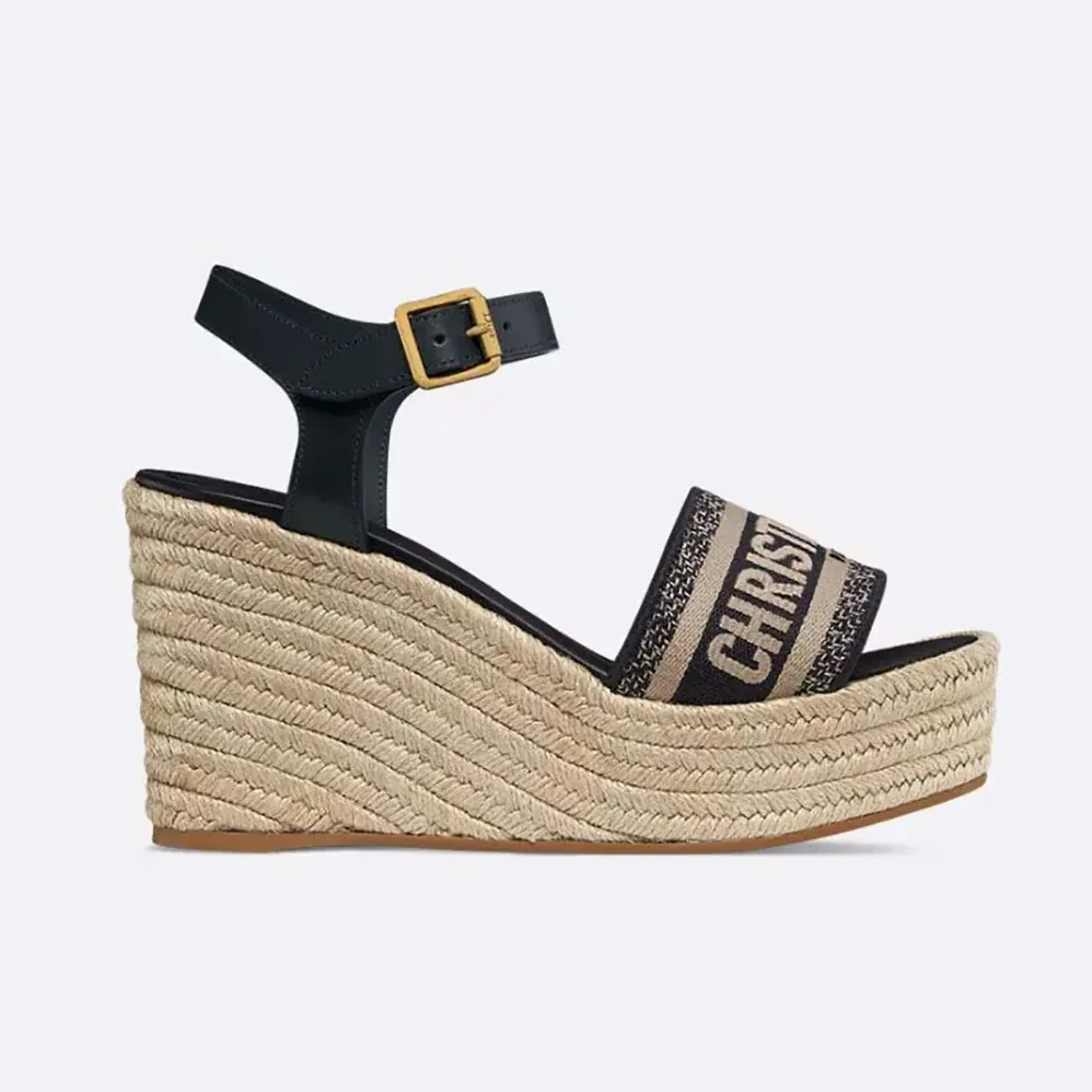 Dior Dway Wedge Sandal Deep Blue Calfskin and Embroidered Cotton for Women