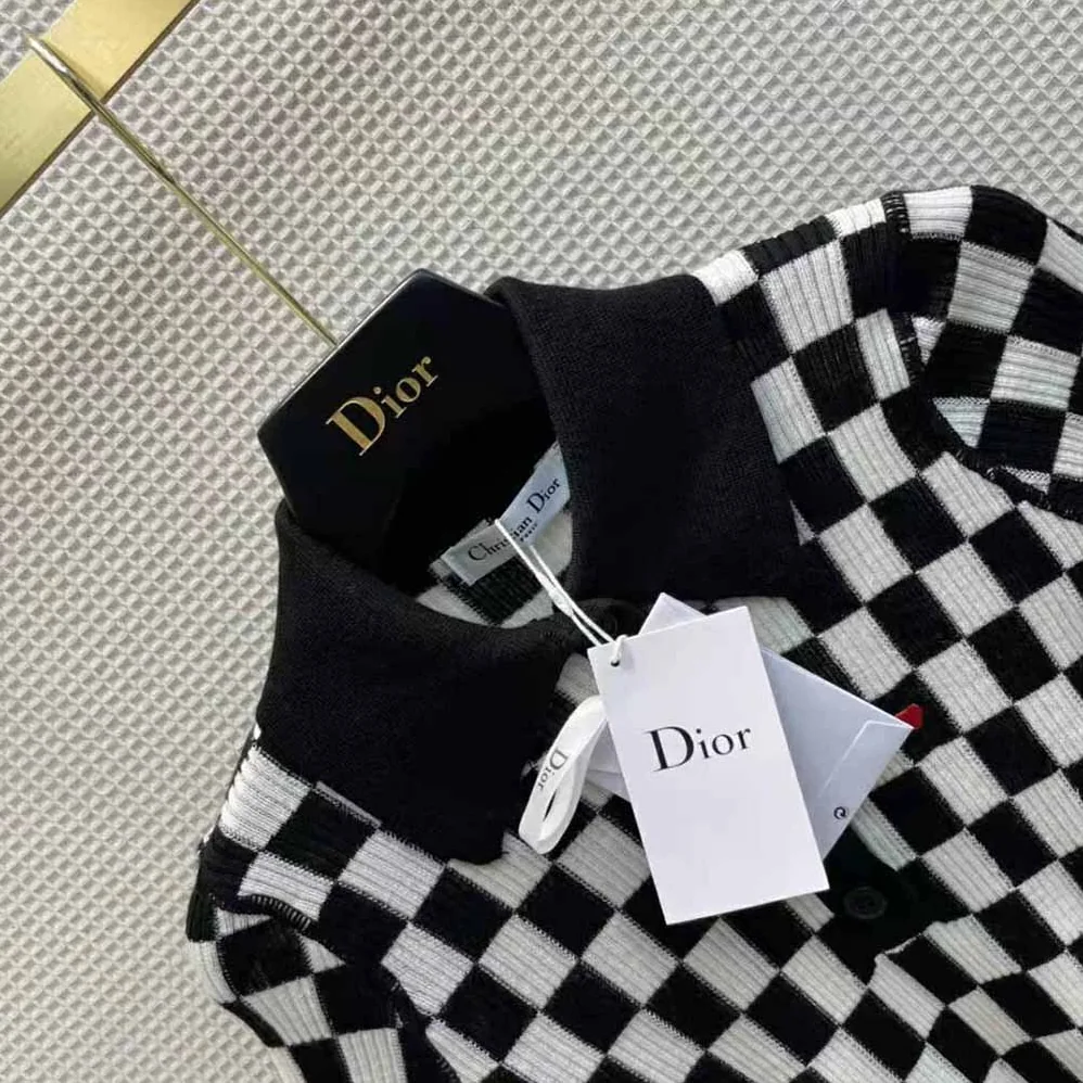 Dior Dioramour Polo Shirt Black and White D-Chess Heart Cashmere Knit and Silk for Women Dior Dioramour Polo Shirt Black and White D-Chess Heart Cashmere Knit and Silk for Women