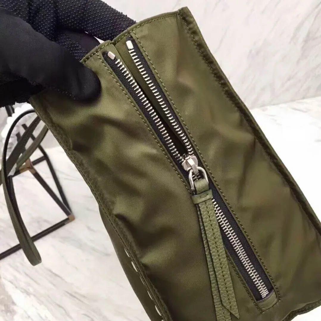 Prada Etiquette Fabric Tote with Metal Stud Trim in Olive Prada Etiquette Fabric Tote with Metal Stud Trim in Olive