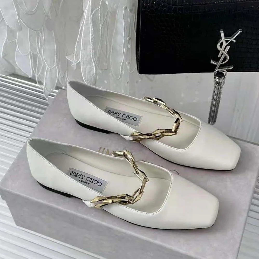 Jimmy Choo Diamond Tilda Flat Black Nappa Leather Flats with Chain for Women in White
