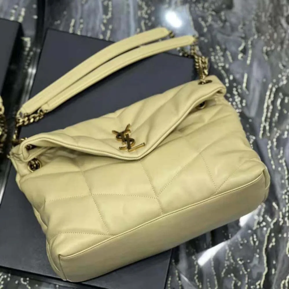 Saint Laurent YSL Puffer Medium Chain Bag in Quilted Lambskin for Women in Gold Saint Laurent YSL Puffer Medium Chain Bag in Quilted Lambskin for Women in Gold