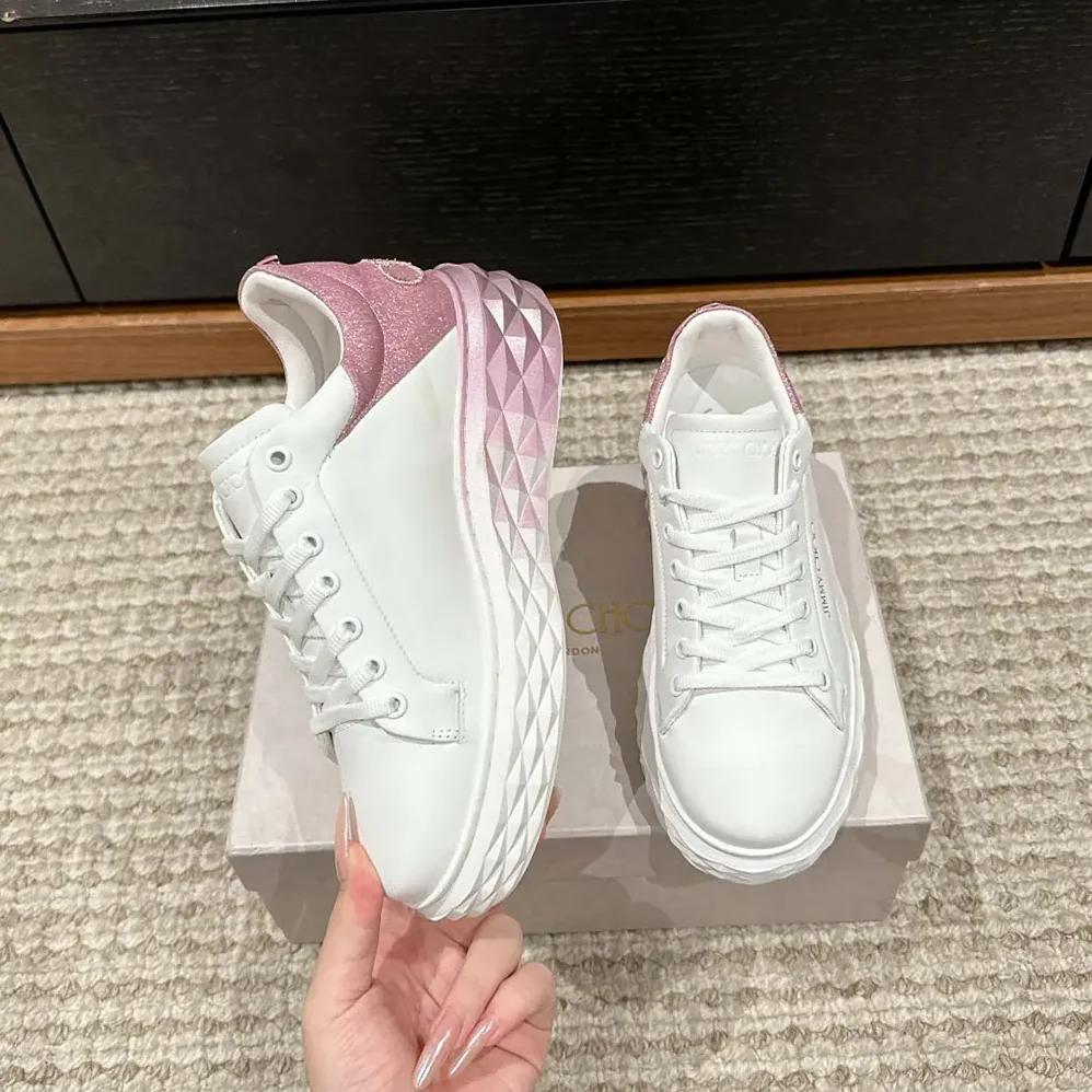 Jimmy Choo Diamond Maxi/F II White & Rose Nappa Leather Glitter Trainers for Women Jimmy Choo Diamond Maxi/F II White & Rose Nappa Leather Glitter Trainers for Women
