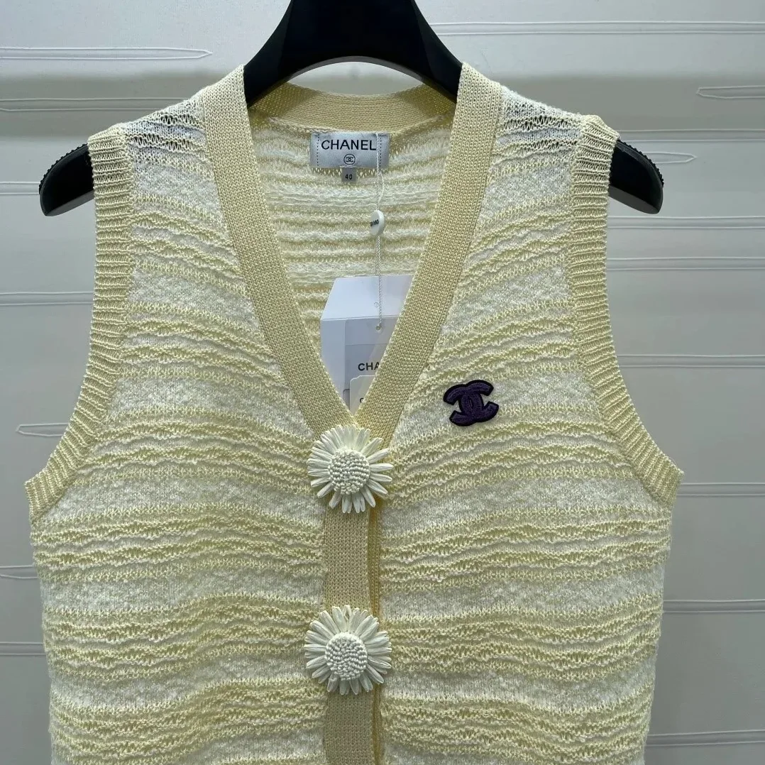 Chanel Striped Pointelle Sleeveless Top With Camellia Buttons Light Yellow