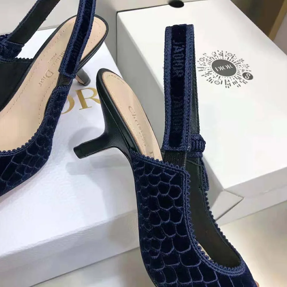 Dior J'Adior Slingback Pump Deep Blue Crocodile for Women in Effect Embroidered Velvet