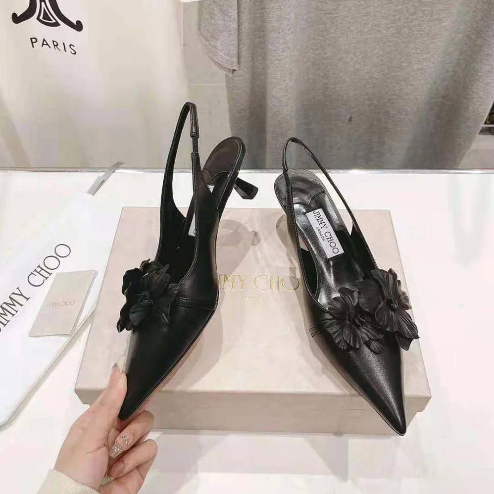 Jimmy Choo Amita Flowers 45 Black Nappa Leather Sling Back Pumps with Flowers for Women