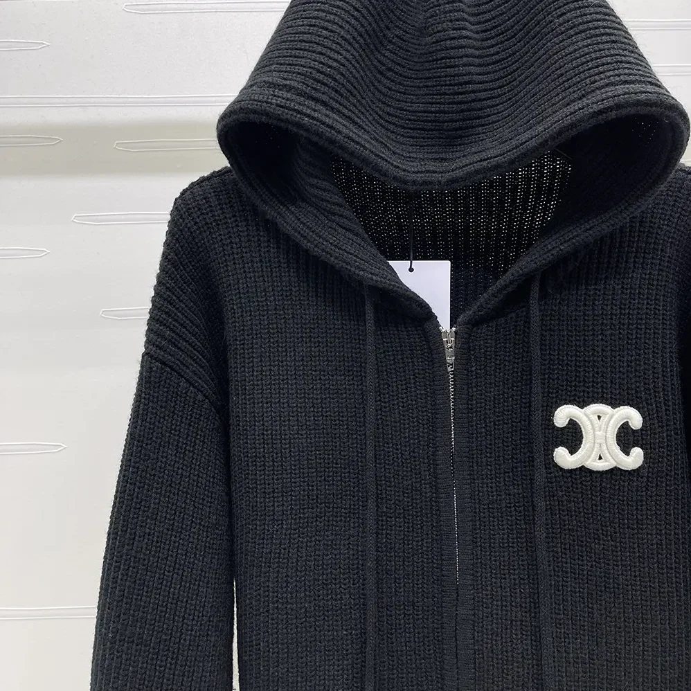 Celine Hooded Cardigan in Ribbed Wool for Women in Black