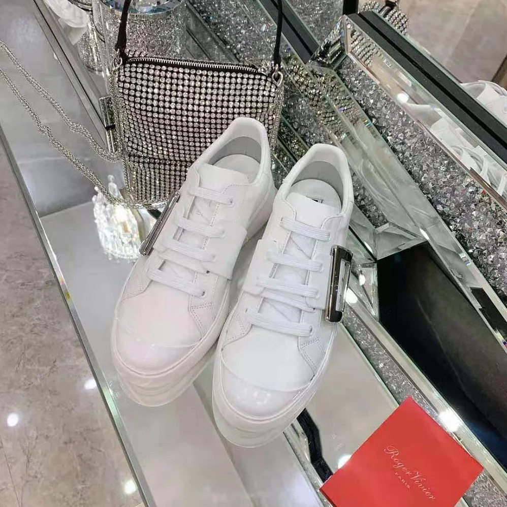 Roger Vivier Viv Skate Metal Buckle Sneakers in Soft Leather for Women in White