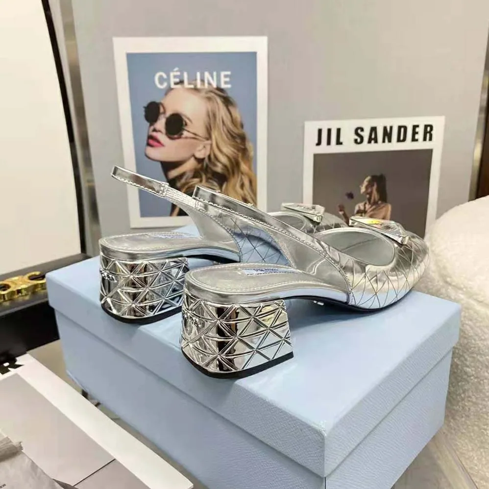 Prada Metallic Leather Slingback Pumps in 45mm Heel Height for Women in Silver