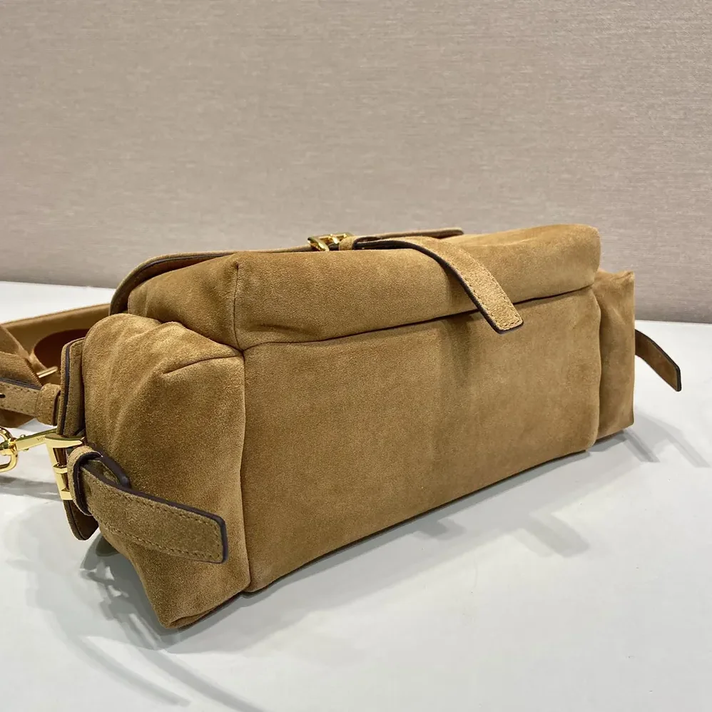 Prada Explore Medium Suede Shoulder Bag With Flap for Women in Brown