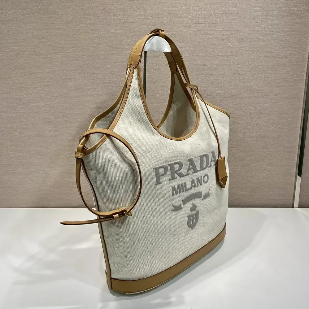 Prada Large Linen Blend and Leather Tote Bag for Women