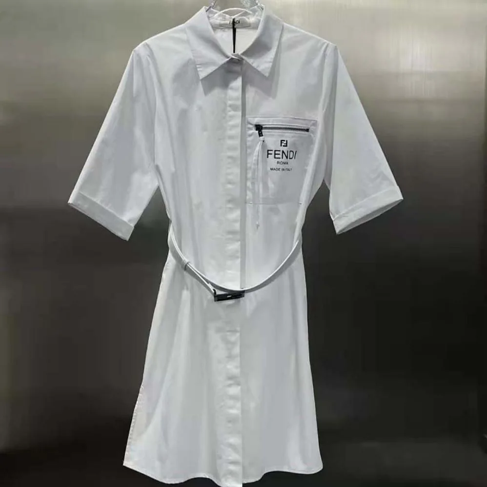 Fendi White Cotton Dress with Pointed Collar and Wide Elbow for Women in Length Sleeves