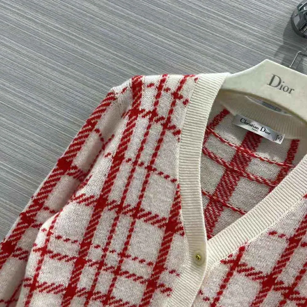Dior Buttoned Cardigan Raspberry and Ecru Check'n'Dior Pop Technical Wool for Women
