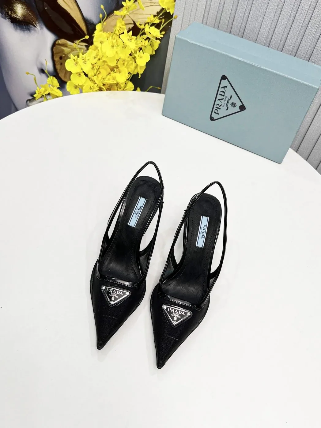 Prada Mesh Fabric Slingback Pumps Black