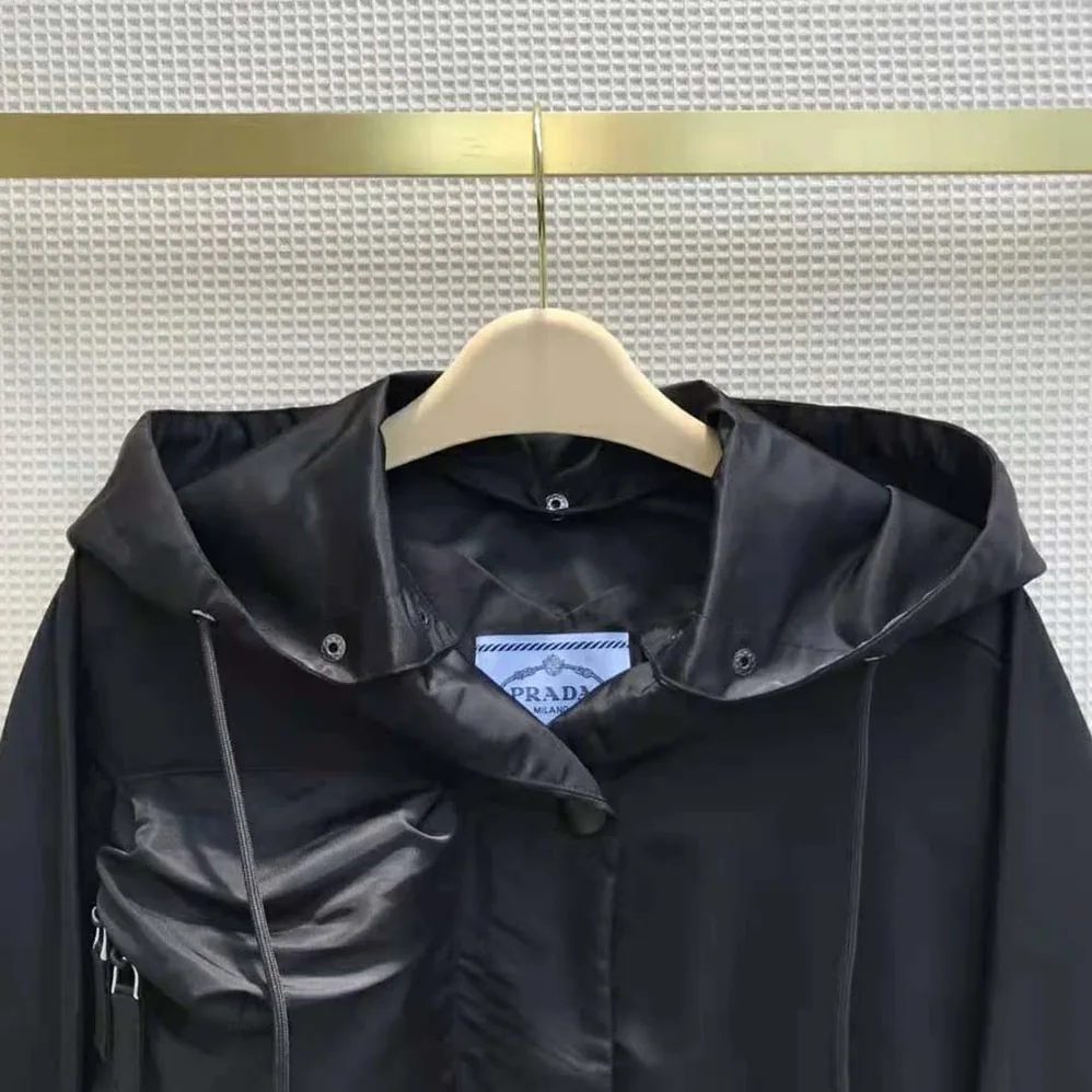 Prada Re-Nylon Gabardine Hooded Blouson Jacket for Women in Black Prada Re-Nylon Gabardine Hooded Blouson Jacket for Women in Black