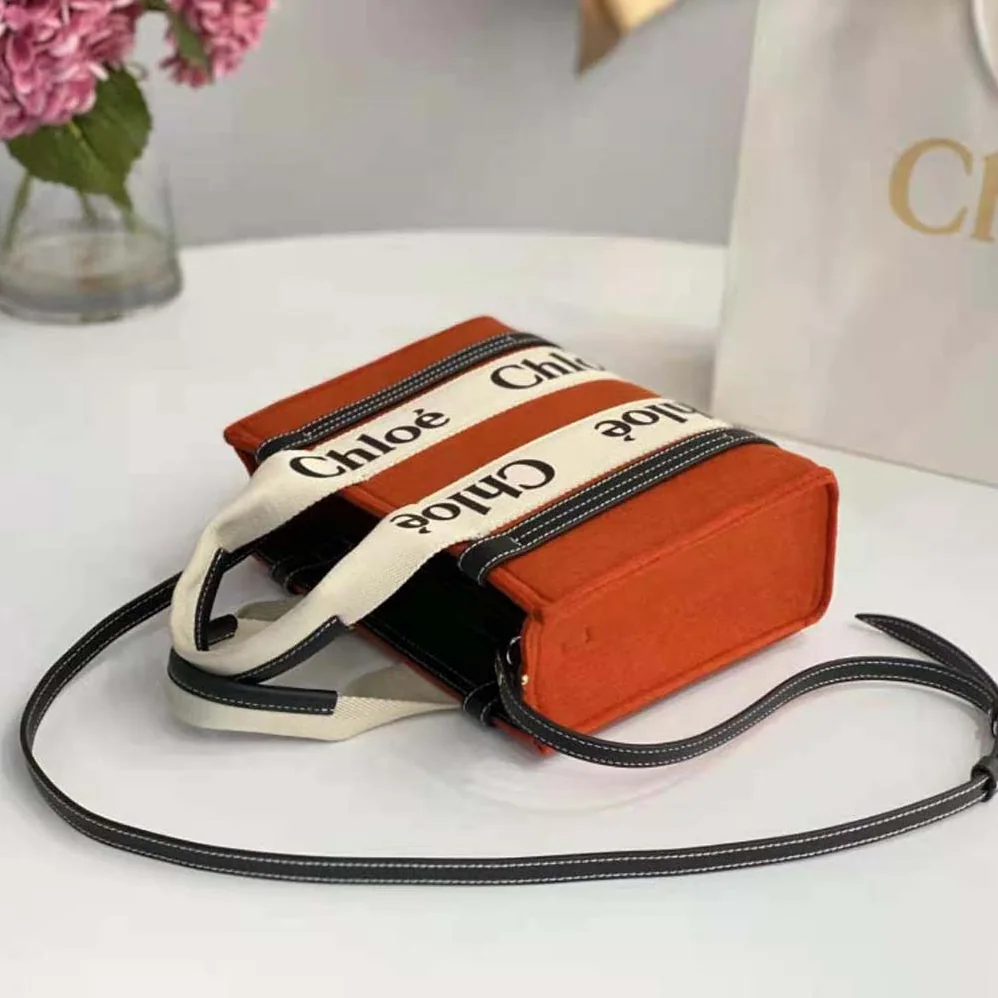 Chloe Small Woody Tote Bag with Strap in Recycled Felt and Shiny Calfskin for Women