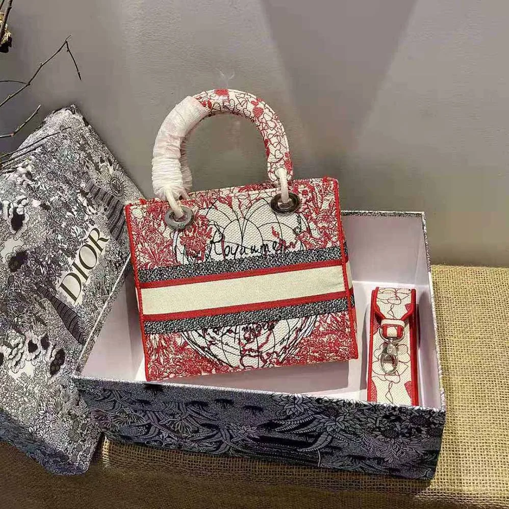 Dior Medium Lady D-lite Bag Red and White D for Women in Royaume D Amour Embroidery