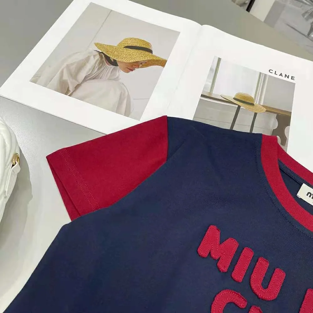 Miu Miu Jersey T-shirt with Embroidered Logo for Women in Navy Miu Miu Jersey T-shirt with Embroidered Logo for Women in Navy