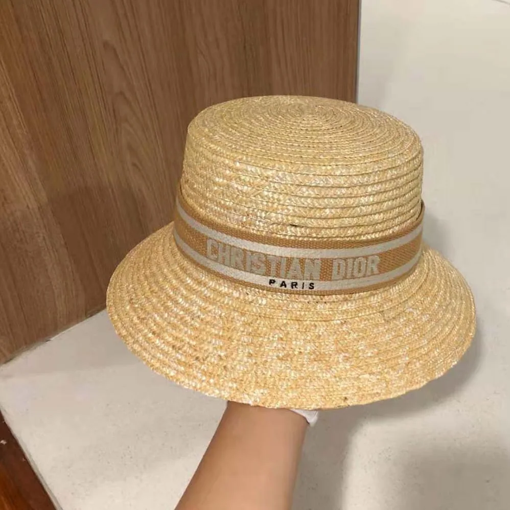 Dior Dioresort Small Brim Hat Natural Straw and Pink Embroidered Band for Women