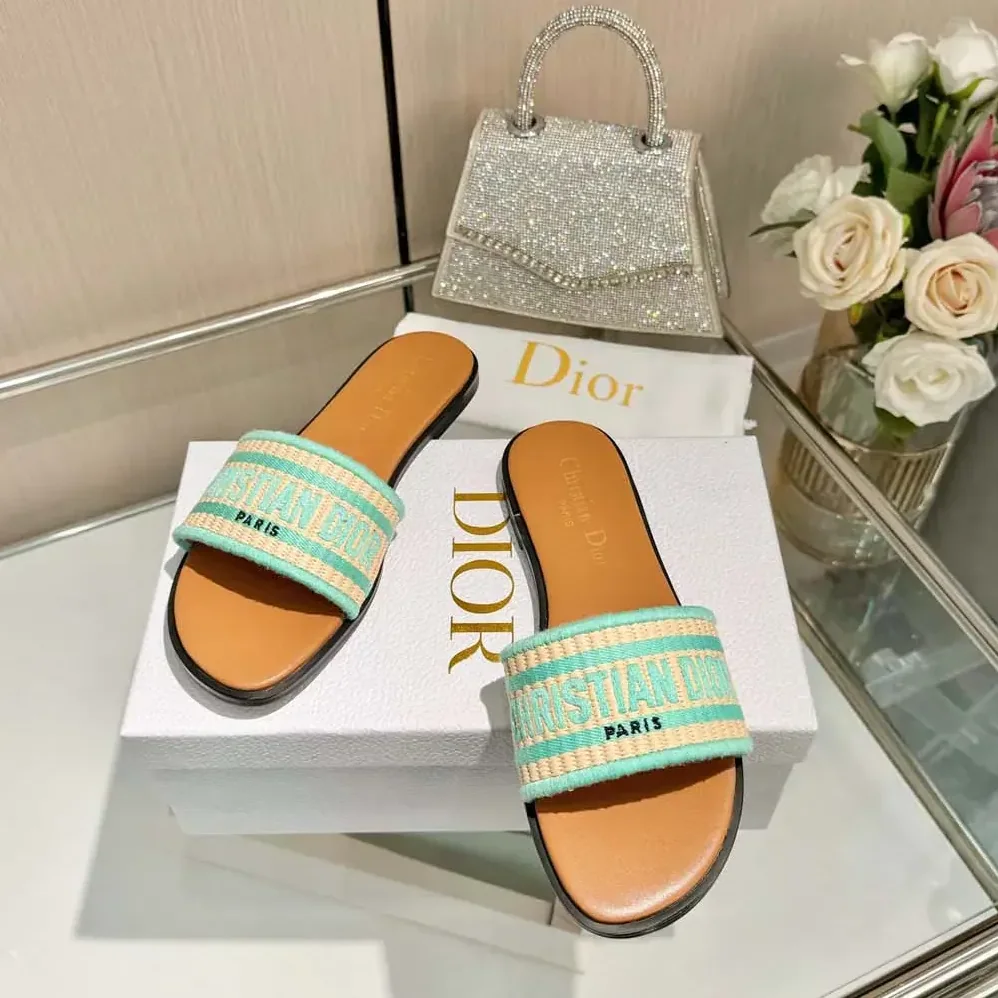 Dior Dioriviera Dway Slide Natural Raffia and Aquamarina Embroidered Cotton for Women
