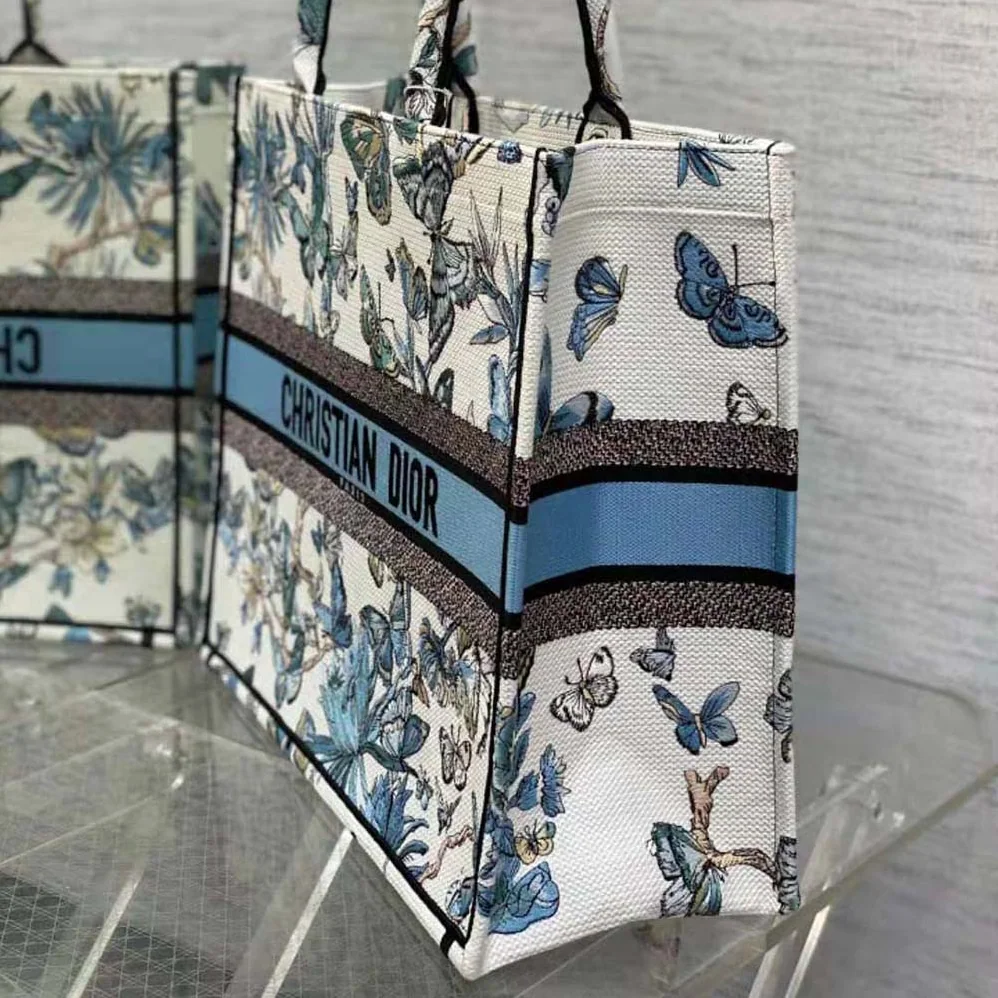 Dior Large Dior Book Tote White and Pastel Midnight Blue Toile de Jouy Mexico Embroidery for Women