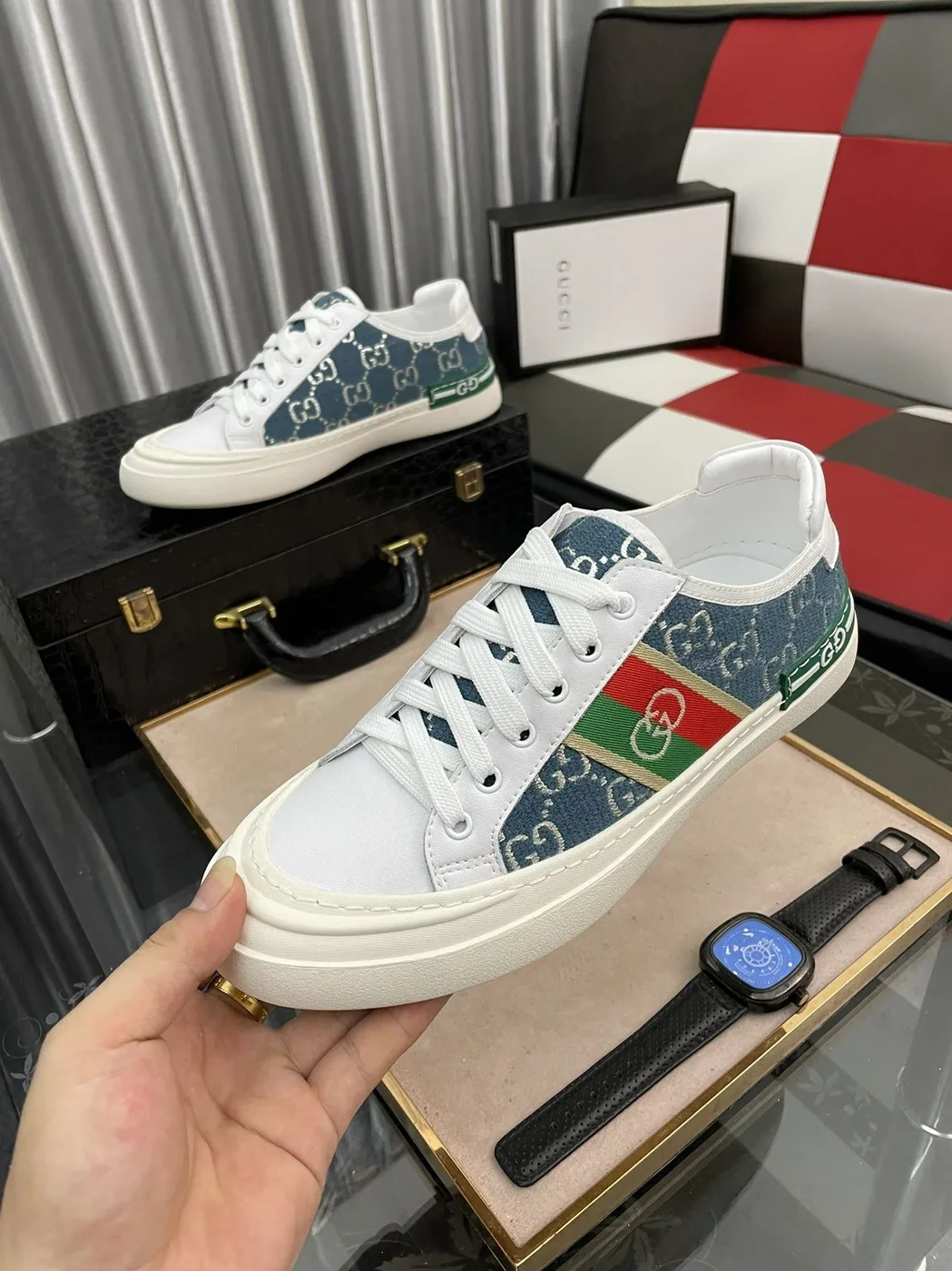 Gucci GG Embroidery Sneaker With Web White And Blue for Men