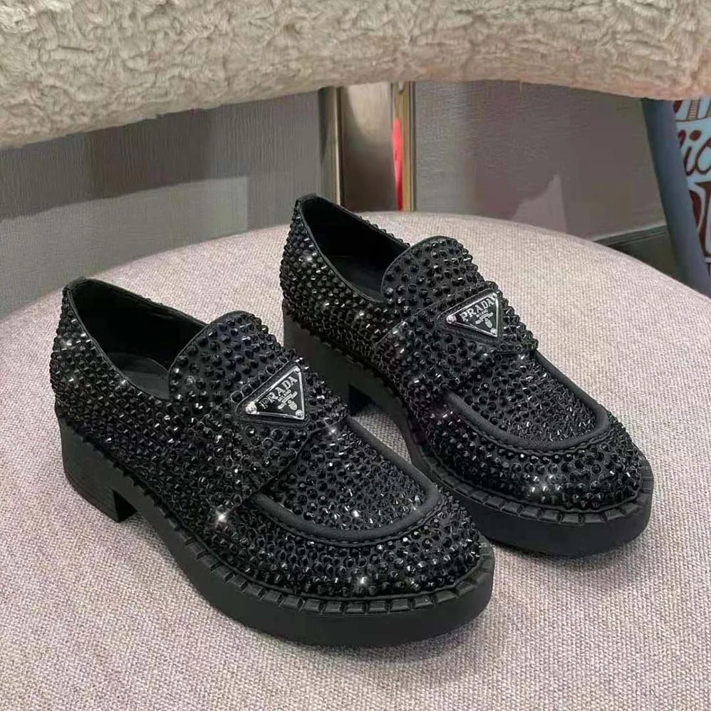 Prada Chocolate Satin Loafers with Crystals for Women in Black Prada Chocolate Satin Loafers with Crystals for Women in Black