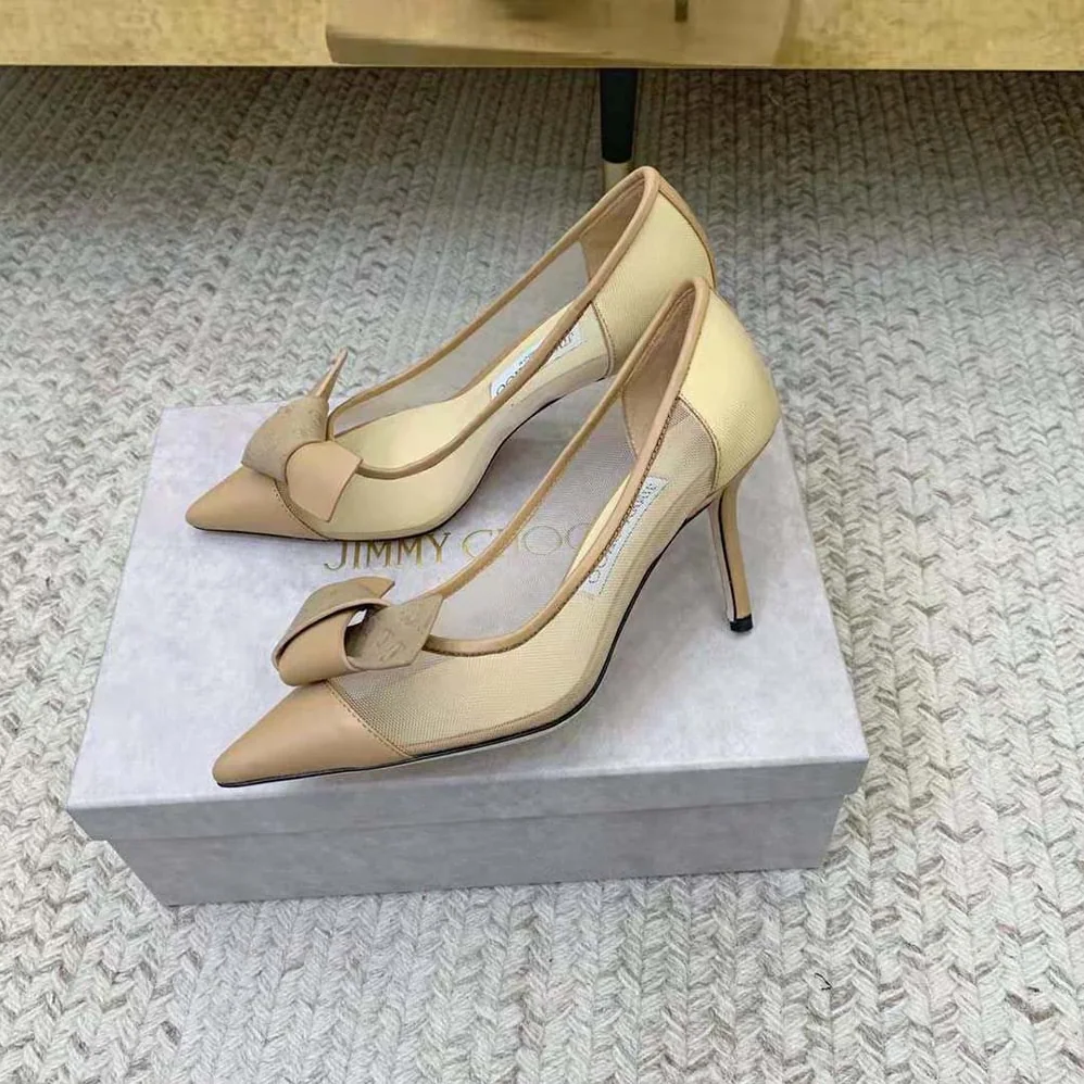 Jimmy Choo Lani 100 Caramel Mesh Pumps with JC Monogram Leather Bow for Women Jimmy Choo Lani 100 Caramel Mesh Pumps with JC Monogram Leather Bow for Women