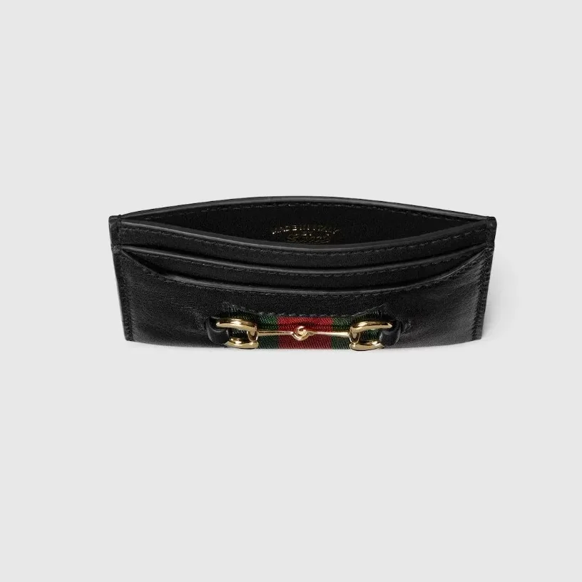 Gucci Horsebit Web Card Case in Black Gold Hardware