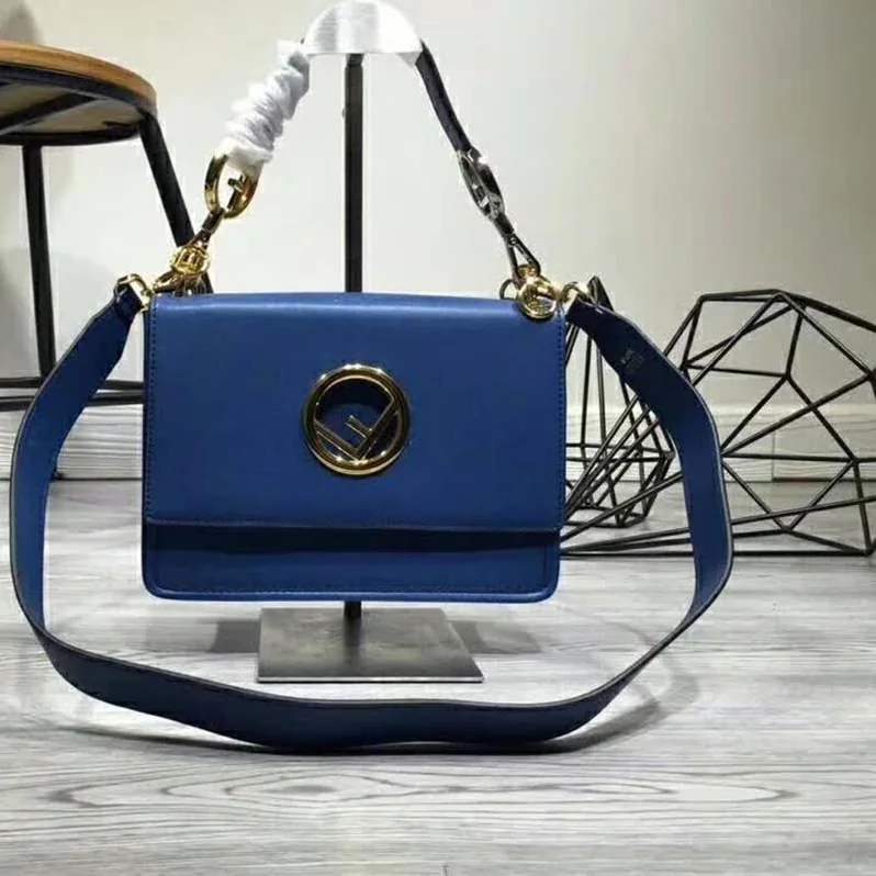 Fendi KAN I F Top Flap Leather Bag with Strap in Navy