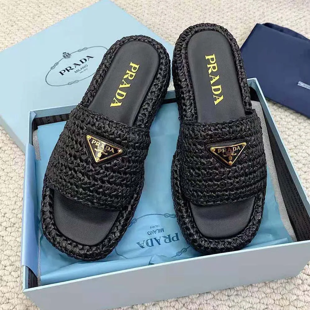 Prada Crochet Flatform Slides with Enameled Metal Triangle Logo for Women in Black Prada Crochet Flatform Slides with Enameled Metal Triangle Logo for Women in Black