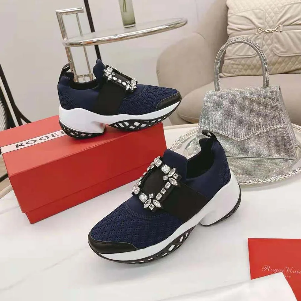 Roger Vivier Viv' Run Strass Buckle Sneakers in Technical Fabrics for Women in Navy