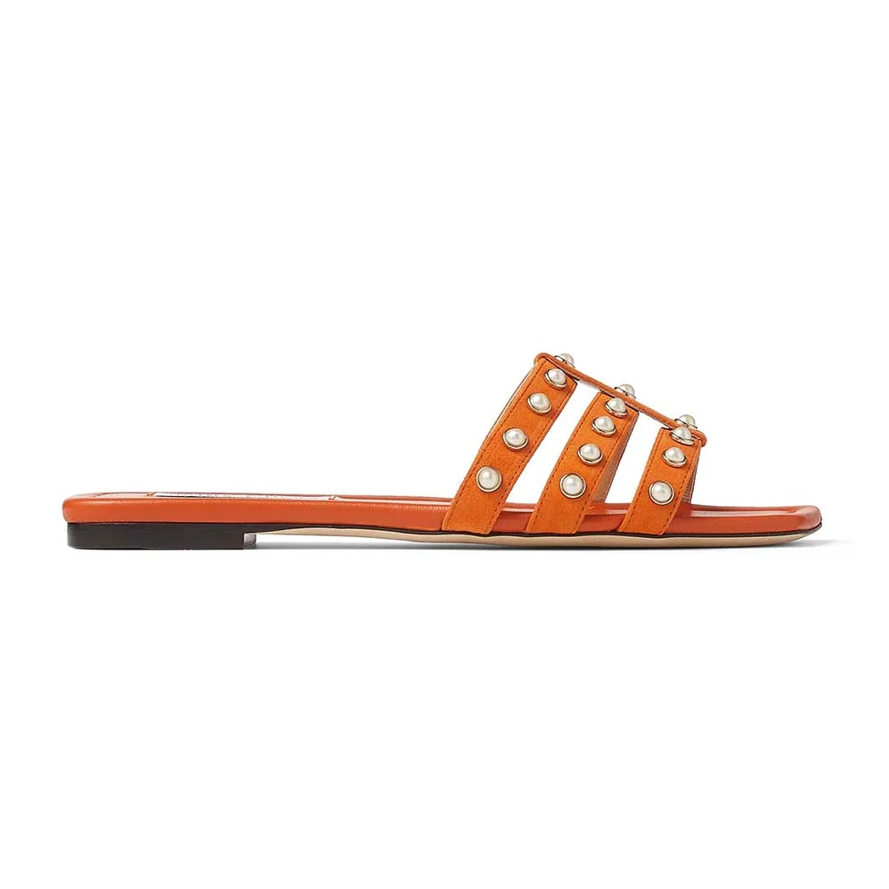 Jimmy Choo Hazal Flat Amber Orange Suede Caged Flats with Pearl Studs for Women Jimmy Choo Hazal Flat Amber Orange Suede Caged Flats with Pearl Studs for Women