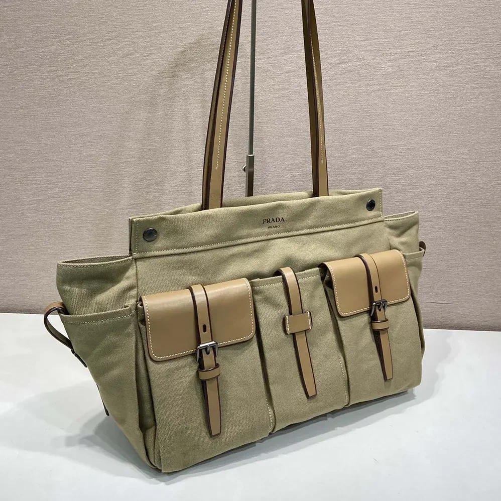 Prada Route Canvas and Leather Tote Bag for Women