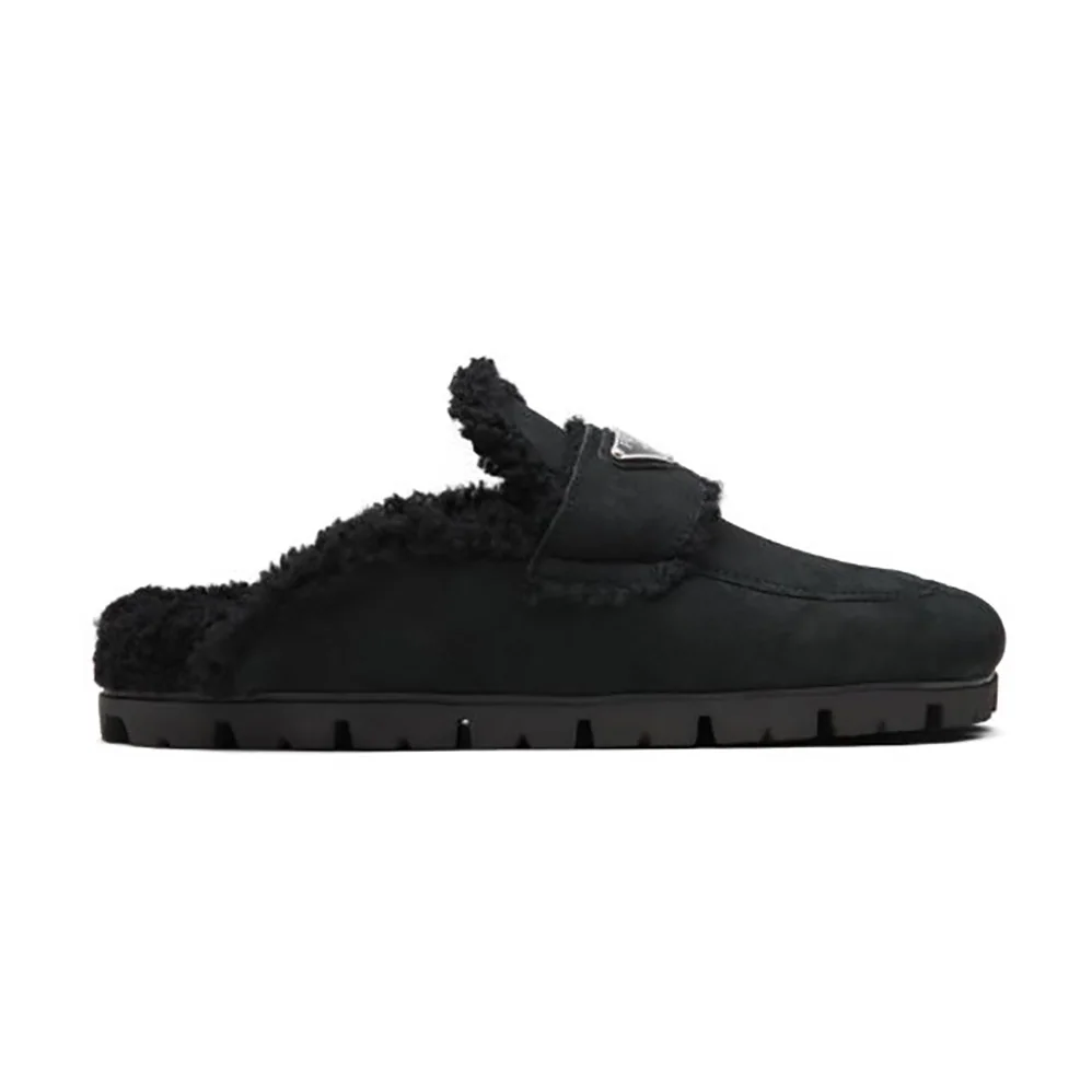 Prada Shearling Slippers Enameled Metal Triangle Logo for Women in Black