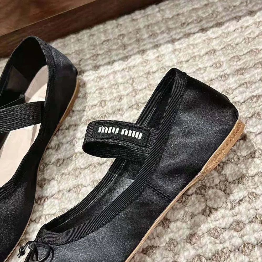 Miu Miu Satin Ballerinas with Knit Logo Label for Women in Black Miu Miu Satin Ballerinas with Knit Logo Label for Women in Black