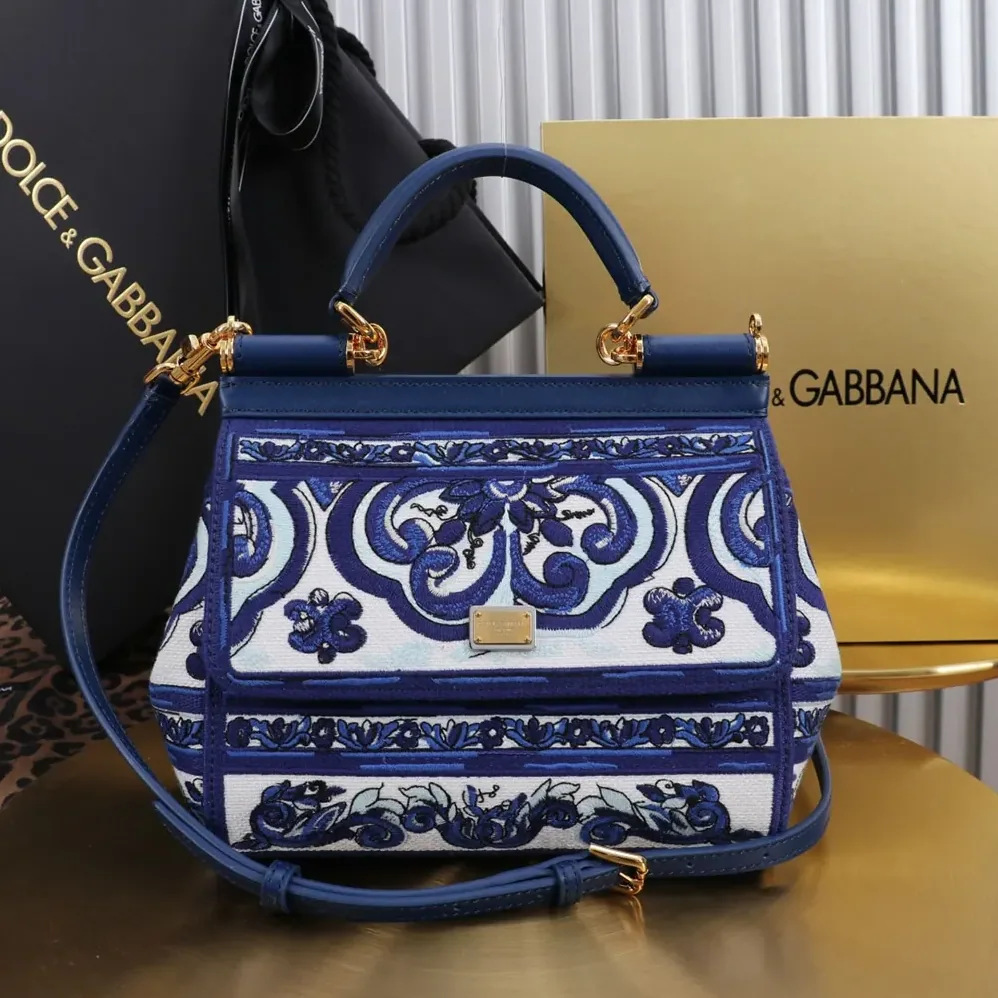 Dolce Gabbana D&G Small Sicily Handbag with Majolica Embroidery for Women in Blue Dolce Gabbana D&G Small Sicily Handbag with Majolica Embroidery for Women in Blue