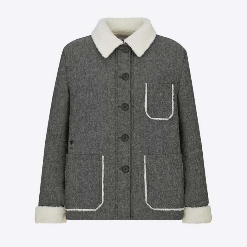 Dior Faux-Shearling Caro Jacket Gray Technical Cotton Drill for Women