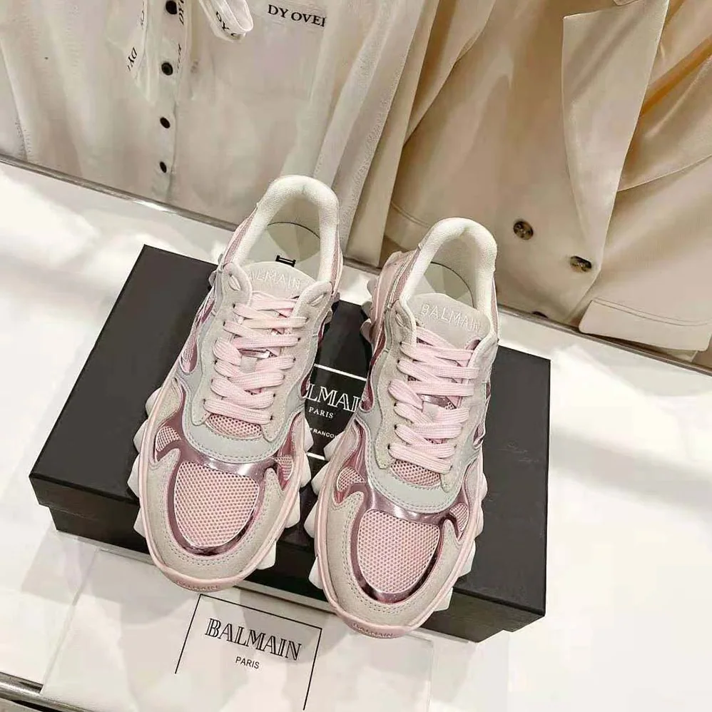 Balmain B-East Trainer in Leather Suede and Mesh for Women in Pink Balmain B-East Trainer in Leather Suede and Mesh for Women in Pink