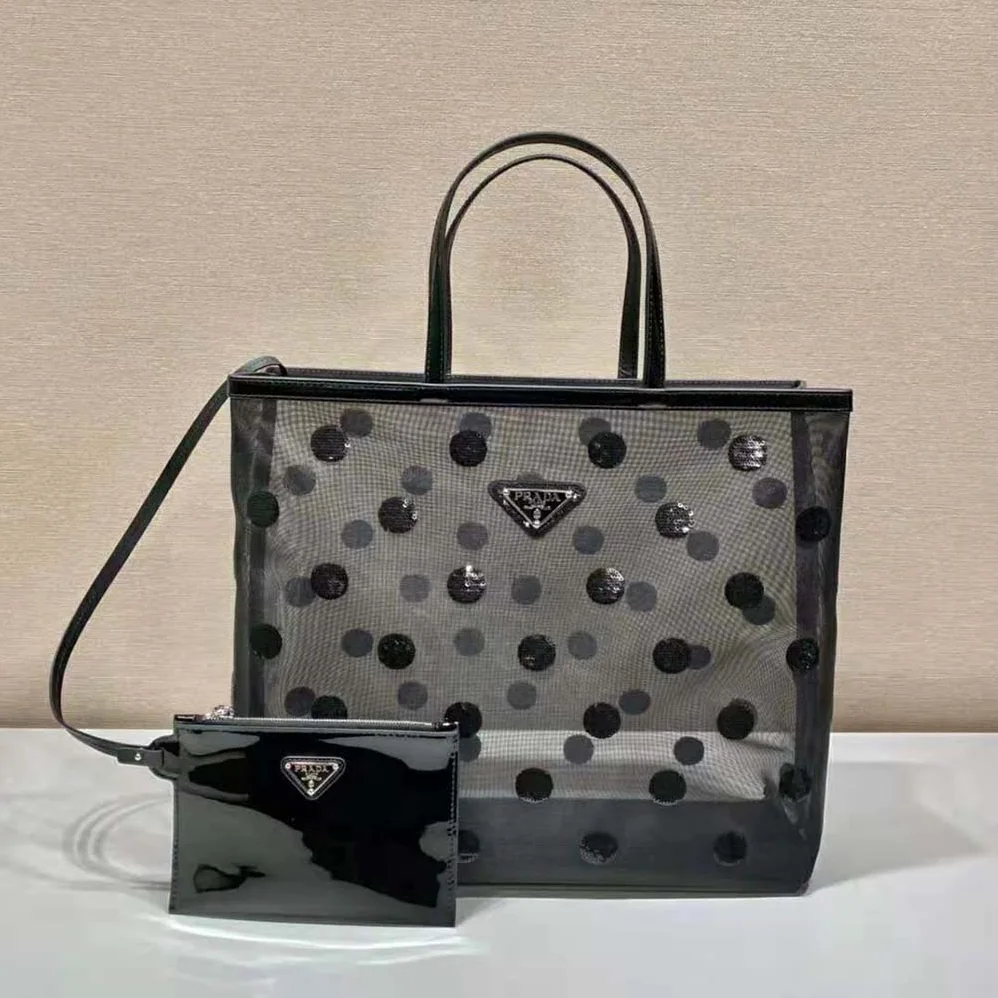 Prada Polka-Dot Mesh Tote Bag for Women in Black Prada Polka-Dot Mesh Tote Bag for Women in Black