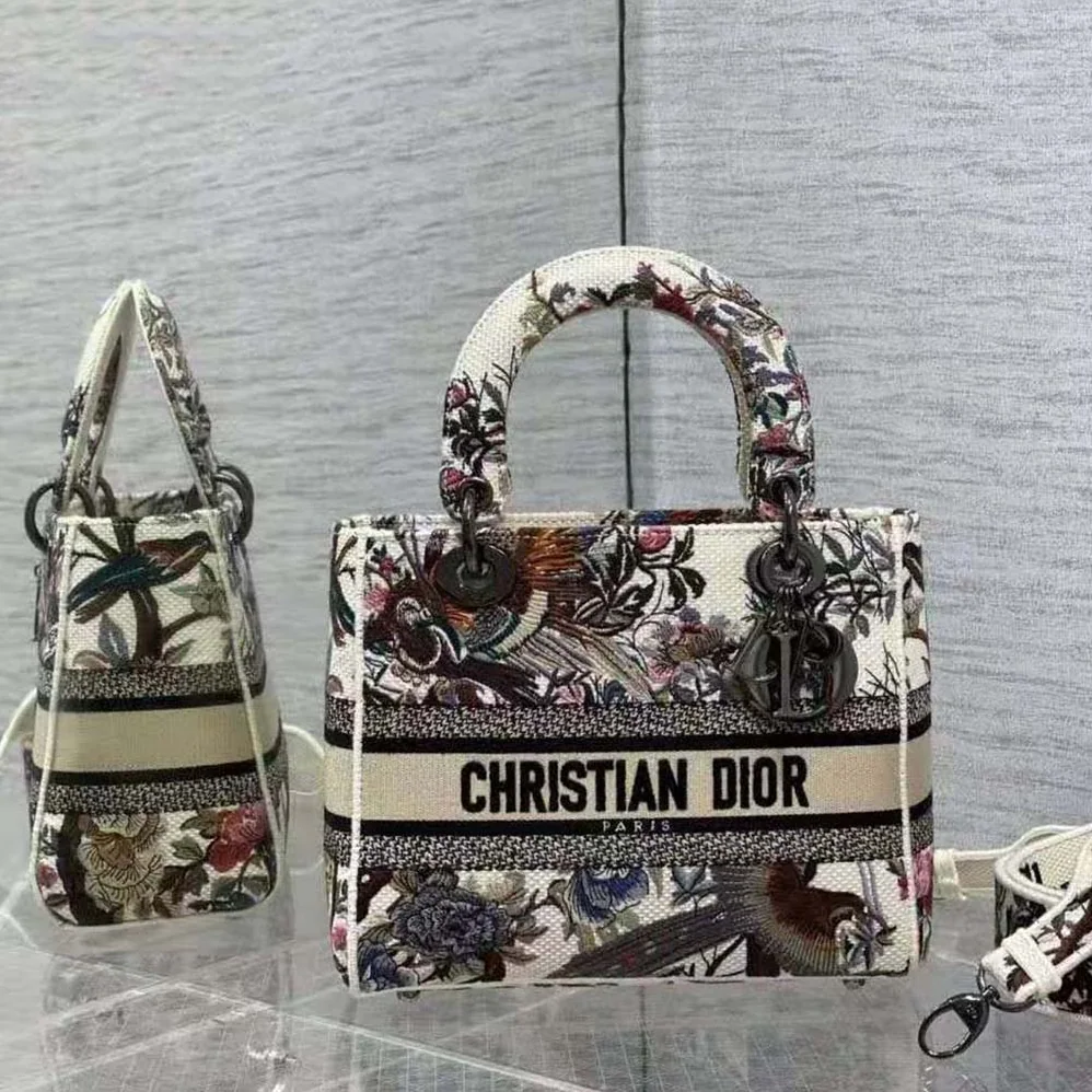 Dior Medium Lady D-lite Bag Ecru Multicolor Dior Jardin D'Hiver Embroidery for Women