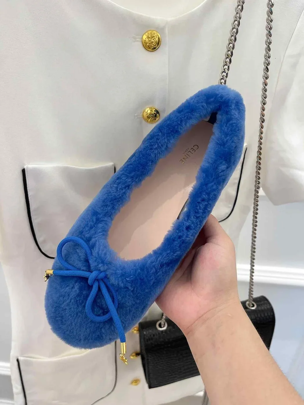 Celine Les Ballerines Celine Ballerina With Triomphe Laces And Fur Blue Celine Les Ballerines Celine Ballerina With Triomphe Laces And Fur Blue