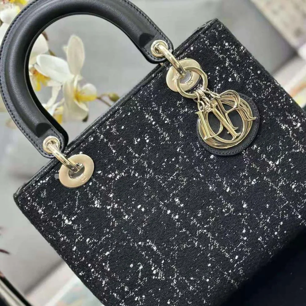 Dior Medium Lady D-lite Bag Black Cannage Tweed for Women Dior Medium Lady D-lite Bag Black Cannage Tweed for Women